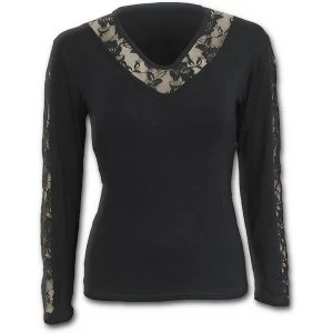 Image of Gothic Elegance Rose Lace V Neck Womens Large Long Sleeve Top - Black
