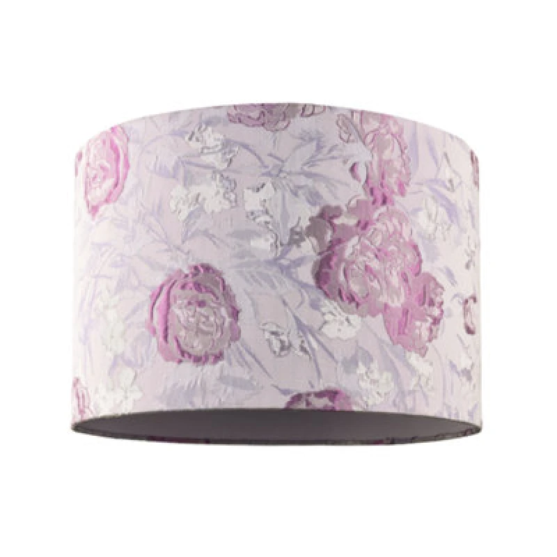 Image of Happy Homewares Modern Lilac Floral Textured Jacquard Drum Lamp Shade With Pink Roses