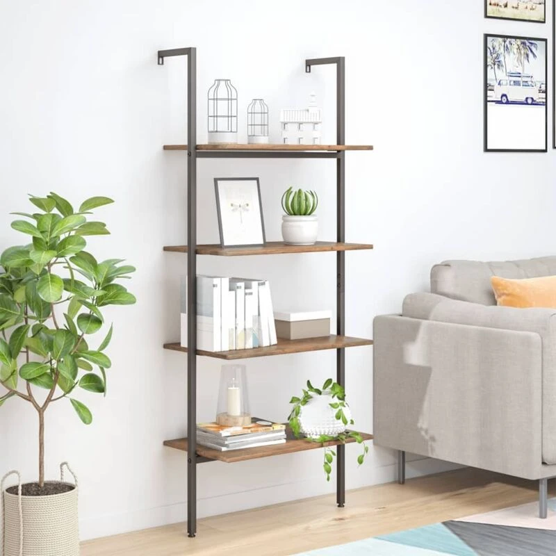 Image of Vidaxl 4-tier Leaning Shelf Dark Brown And Black 64X35X152.5 Cm, Brown 336383
