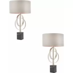 Image of Loops - 2 pack Antique Silver Table Lamp & Mink Satin Shade Black Marble Base Desk Light