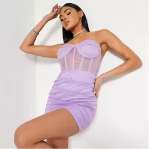 Image of I Saw It First Glitter Mesh Corset Ruched Detail Bodycon Dress - Purple