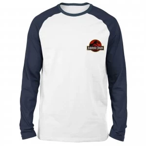 Image of Jurassic Park Logo Embroidered Unisex Long Sleeved Raglan T-Shirt - White/Navy - S