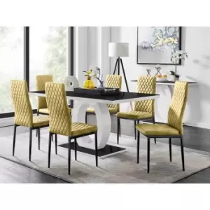 Image of Furniture Box Giovani 6 Black Dining Table and 6 Mustard Velvet Milan Black Leg Chairs