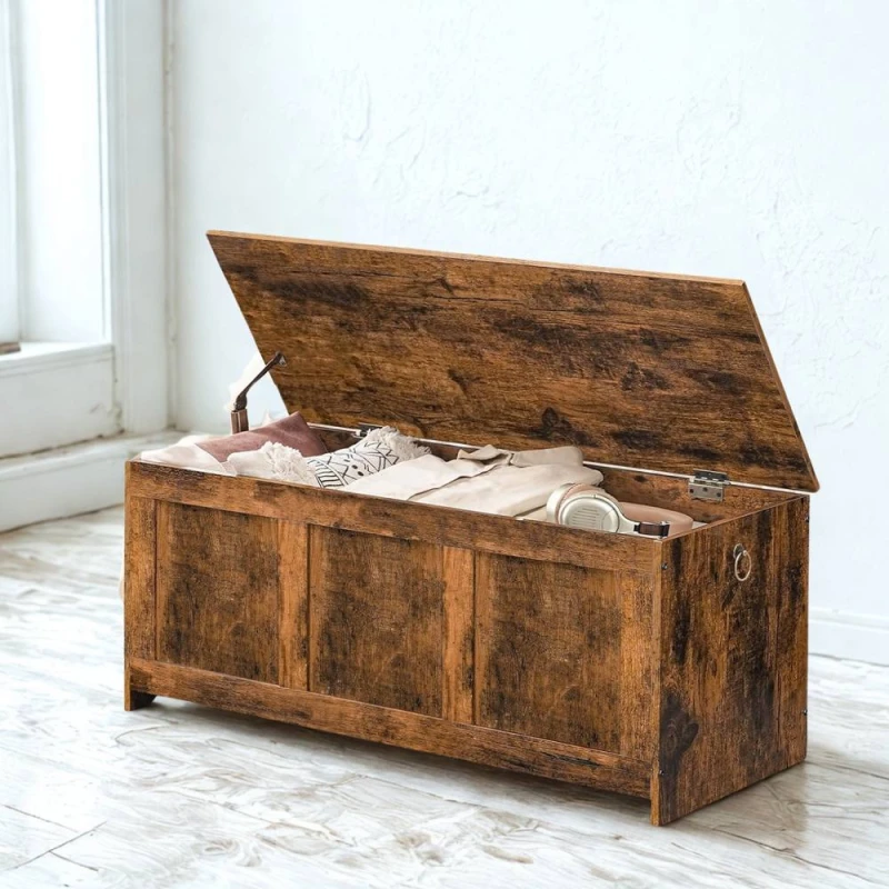 Image of FURNOS Large Industrial Wooden Storage Box Chest Trunk Rustic Brown Brown Unisex