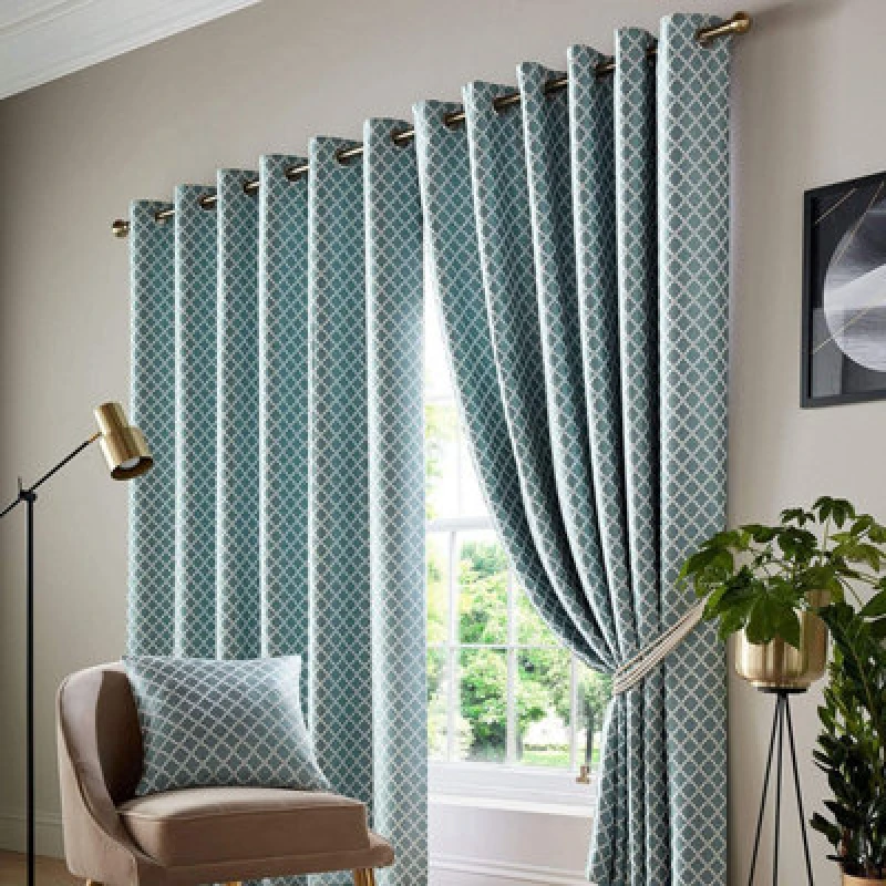 Image of Alan Symonds Jacquard Curtains Eyelet Ring Top Fully Lined, Polyester, Teal, 90 X 72