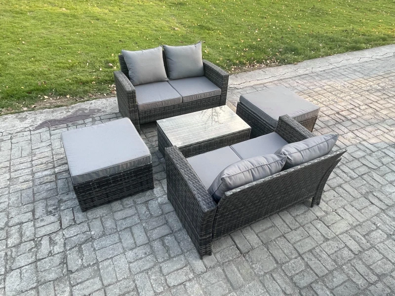Image of Fimous Wicker Rattan Garden Furniture Sofa Set with Rectangular Coffee Table Double Seat Sofa 2 Big Footstool 6 Seater Outdoor Rattan Set in Dark Grey