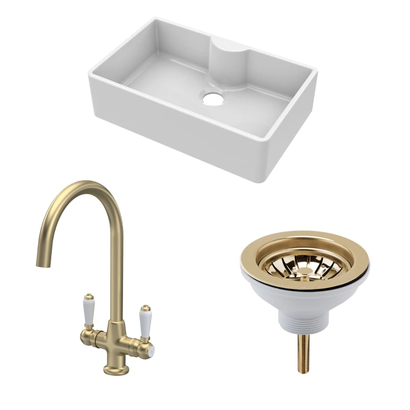 Image of BALTERLEY Balterley - Fireclay Kitchen Bundle - Single Bowl Butler Sink with Tap Ledge, Waste & Mono Lever Tap, 795mm - Brushed Brass BKS208WT12