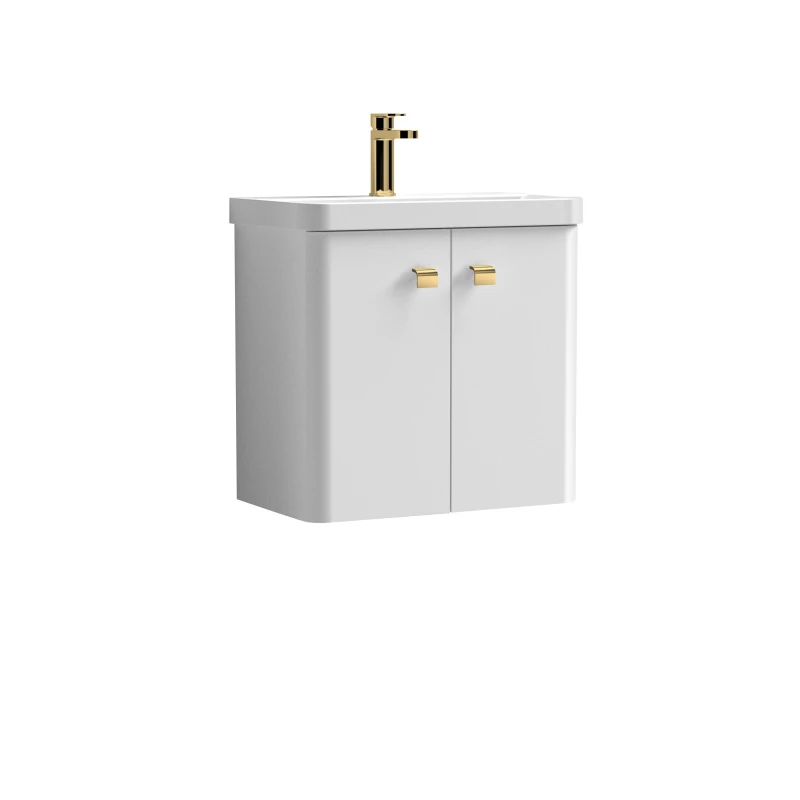 Image of Balterley Wall Hung 2 Door Vanity Basin Unit White Brushed Brass Handles 600mm White