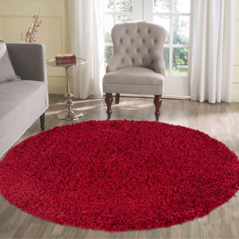 Image of Desire Rugs Plain Living Room Shaggy Area Rugs Red Round 120X120 Cm