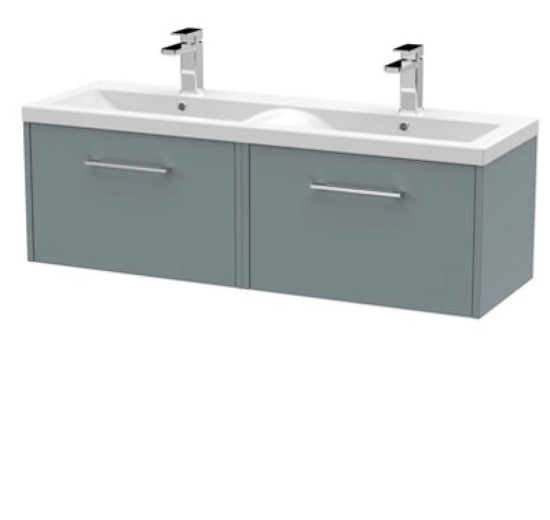 Image of Hudson Reed Fluted Wall Hung 2-Drawer Vanity And Double Vitreous China Basin, Contemporary Sink Vanity Unit, Coastal Greymm