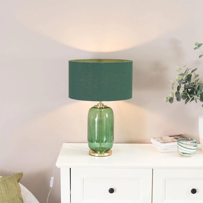 Image of ValueLights Leigh Fabric Drum Shade with Forest Green Glass and Gold Trim Table Lamp Bottle Green