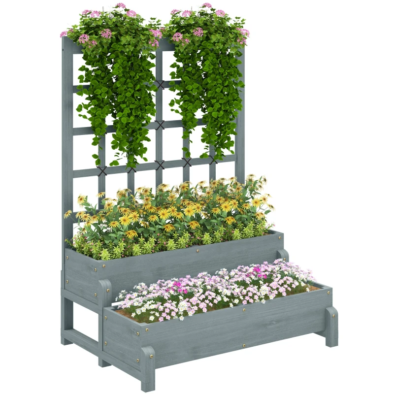 Image of Outsunny Outsunny 2-Tier Wooden Raised Bed with Trellis and Drainage Holes, Grey Grey