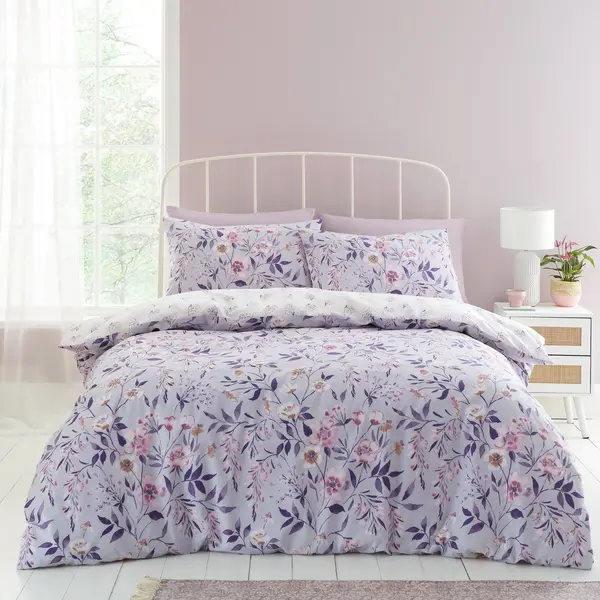 Image of Catherine Lansfield Isadora Floral Lilac Duvet Cover and Pillowcase Set Lilac