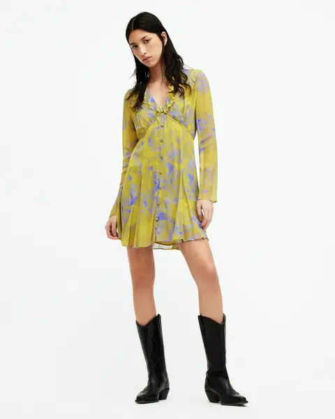 Image of AllSaints Lini Inspiral V-Neck Frill Mini Dress
