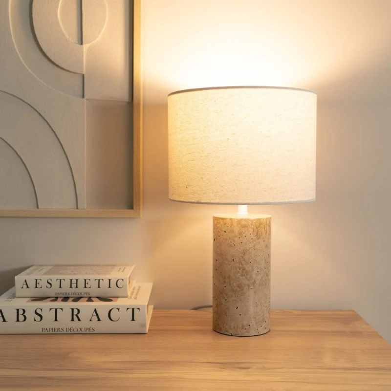 Image of ValueLights Cloe Pair of Marble Effect Natural Table Lamps with Drum Shades Cream