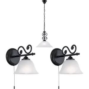 Image of Ceiling Pendant Light & 2x Matching Wall Lights Black & Alabaster Glass Shade