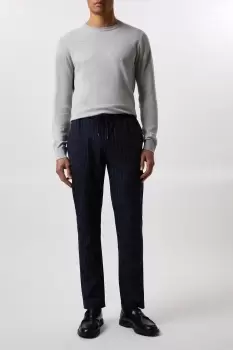 Image of Slim Fit Navy Pinstripe Drawstring Trousers