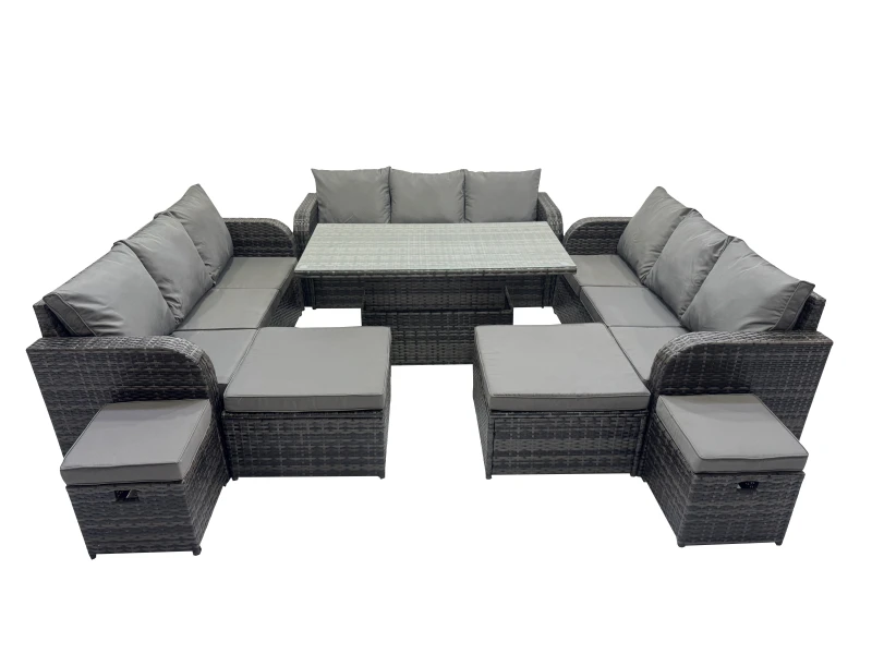 Image of Fimous Rattan Garden Furniture Dining Set 13-seater with 4 Footstools in Dark Grey Dark Grey Unisex