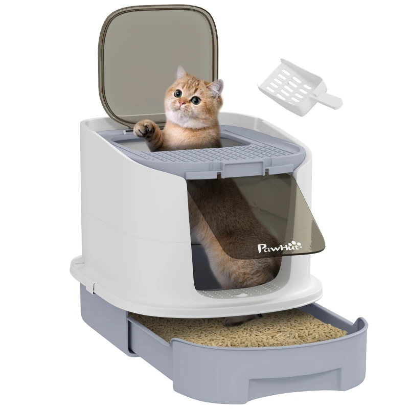 Image of PawHut Cat Litter Box, Hooded Cat Litter Tray with Lid, Scoop, Grey Grey