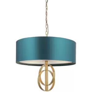 Image of Merano Lighting - Merano Trento 3 Light Ceiling Pendant Antique Gold Leaf & Teal Satin Fabric