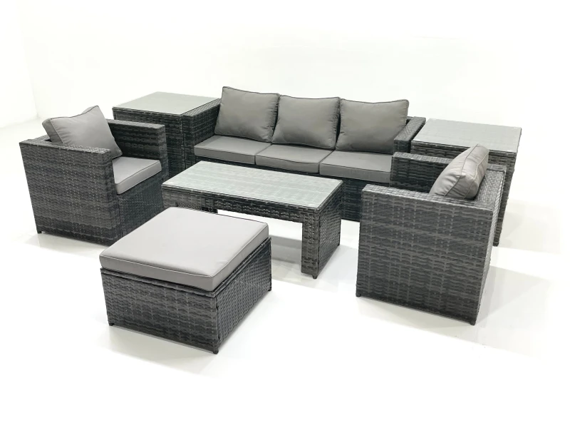 Image of Fimous Rattan Garden Furniture Set Outdoor Lounger Sofa with Coffee Table 2 Armchair Big Footstool 2 Side Tables Dark Grey Mixed Dark Grey