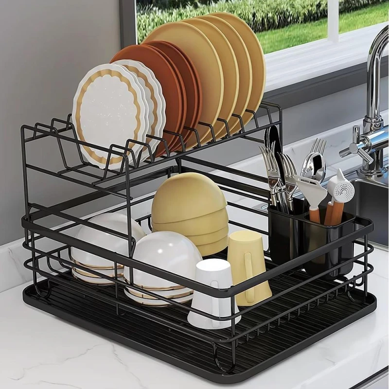 Image of LIFE IDEAS 2-Tier Metal Kitchen Dish Drainer Rack Black unisex One Size