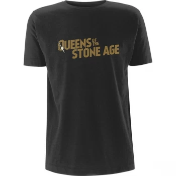 Image of Queens Of The Stone Age - Metallic Text Logo Unisex Medium T-Shirt - Grey