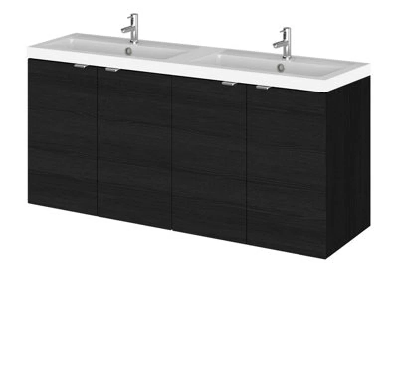 Image of Hudson Reed Fusion Wall Hung 4 Door Vanity Unit & Twin Polymarble Basin, Sink Vanity Unit, Charcoal Black, 1200mm