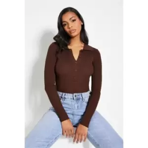 Image of I Saw It First Rib Collared Button Up Knit Bodysuit - Brown