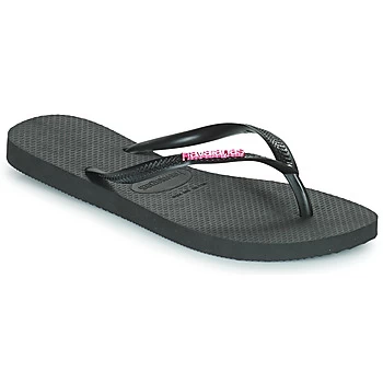 Image of Havaianas SLIM LOGO METALLIC womens Flip flops / Sandals (Shoes) in Black - Sizes 1 / 2 kid,5,8,3 / 4,6 / 7