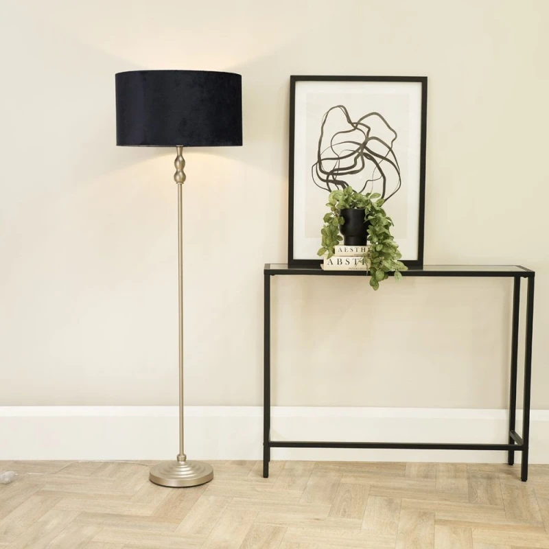 Image of ValueLights Maggie Brushed Chrome Silver Candlestick Floor Lamp with Velvet Lamp Shade Navy