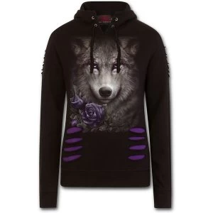 Image of Wolf Roses Large Hood Ripped Womens Medium Hoodie - Black