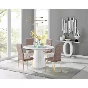 Image of Furniture Box Palma White High Gloss Round Dining Table and 4 Cappuccino Milan Gold Leg Chairs