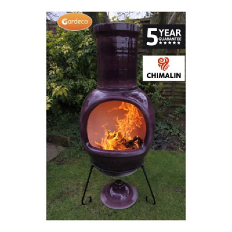 Image of Gardeco Asteria Xl Chimalin Afc Chimenea In Glazed Purple, Including Lid & Stand