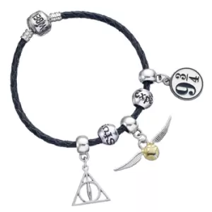 Image of Harry Potter Charm Set- Black Leather Bracelet with Deathly Hallows, Golden Snitch, Platform 9 3/4 & 2 Spellbead charms