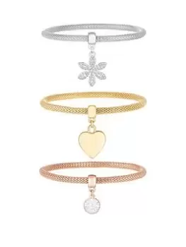 Image of Mood Tri Tone Crystal And Pearl Flower Charm Mesh Bracelet - Pack Of 3