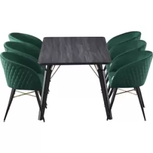 Image of 7 Pieces Life Interiors Vittorio Cosmo Dining Set - a Black Rectangular Dining Table and Set of 6 Green Dining Chairs - Green