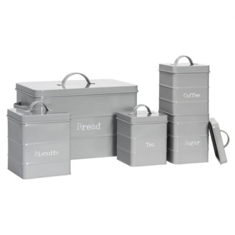 Image of Harbour Housewares 5 Piece Kitchen Canisters Set - Grey - Vintage Metal Storage Caddy Tin Jar
