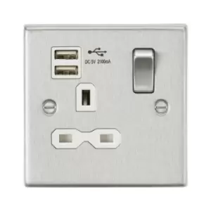 Image of Knightsbridge - 13A 1G Switched Socket Dual usb Charger (2.1A) with White Insert - Square Edge Brushed Chrome