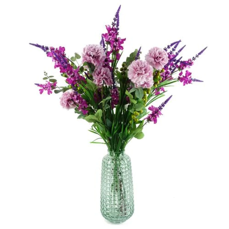 Image of Leaf Leaf 80cm Artificial Pink Carnation and Larkspur Glass Vase Dark Pink