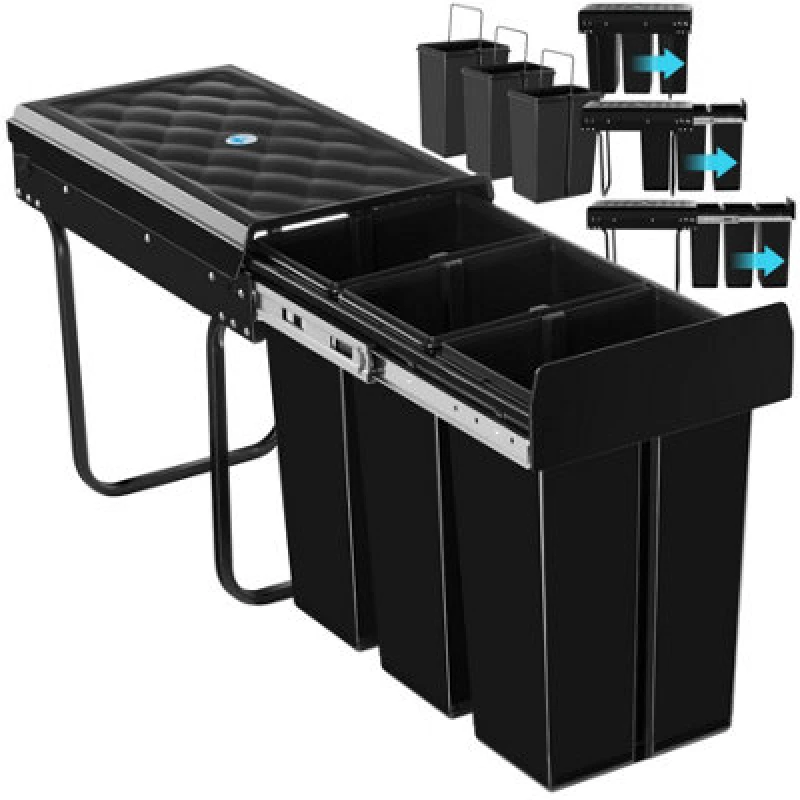 Image of Tectake Kitchen Bin Ashlyn - 3 Compartments, Telescopic Rails, 30L Total Capacity - Black