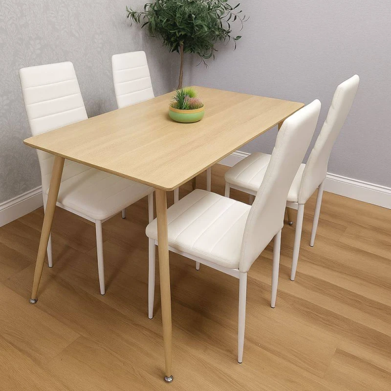 Image of Kosy Koala Modern Rectangle Wood Effect Dining Table Set With 4 White Faux Leather Chairs Dining Room Furniture