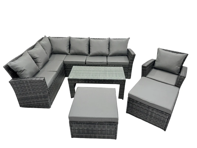 Image of Fimous 9 Seat Poly Rattan Corner Sofa Set with 2 Big Stool Chair in Dark Grey Dark Grey Unisex