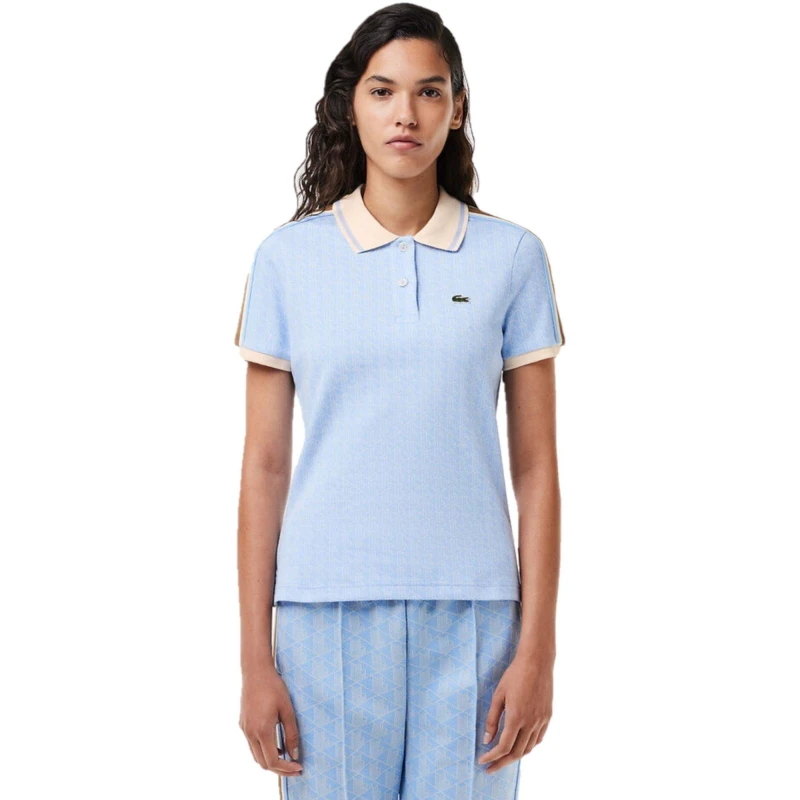 Image of Lacoste Womens Monogram Jacquard Short-Sleeve Polo Shirt Blue/Flour female 6 (34)