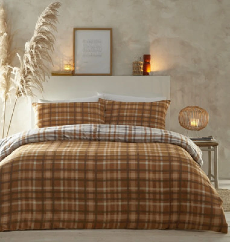 Image of Portfolio Home Tartan Orange 100% Brushed Cotton King Duvet Cover And Pillowcases Set