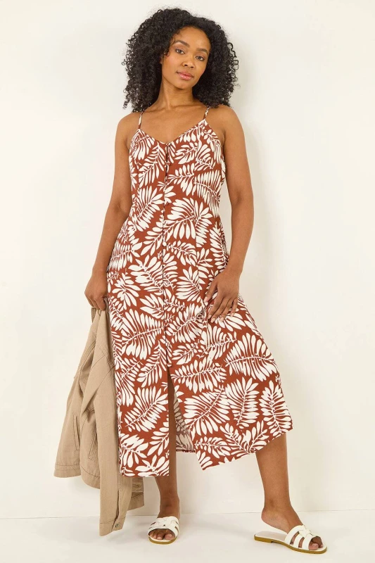 Image of Roman Womens Petite Leaf Print Strappy Midi Dress in Orange Size: 14 Orange Female 14