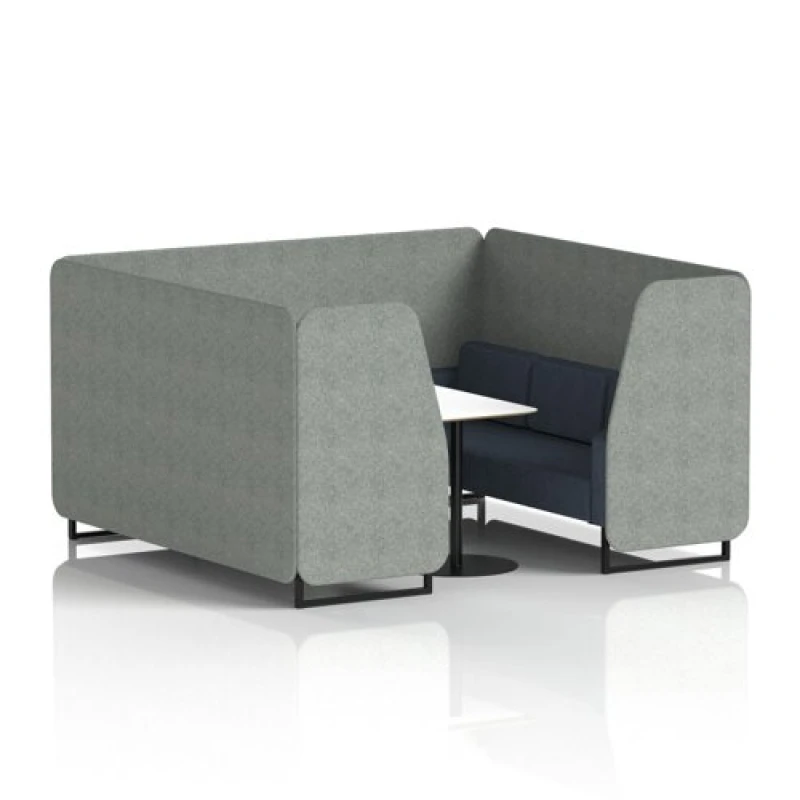 Image of Brixworth 6 Seater Office Booth with Front Panel - Black Legs and White Table with Black Leg in Rivet Fabric - Prime Panels and Crucible Sofa