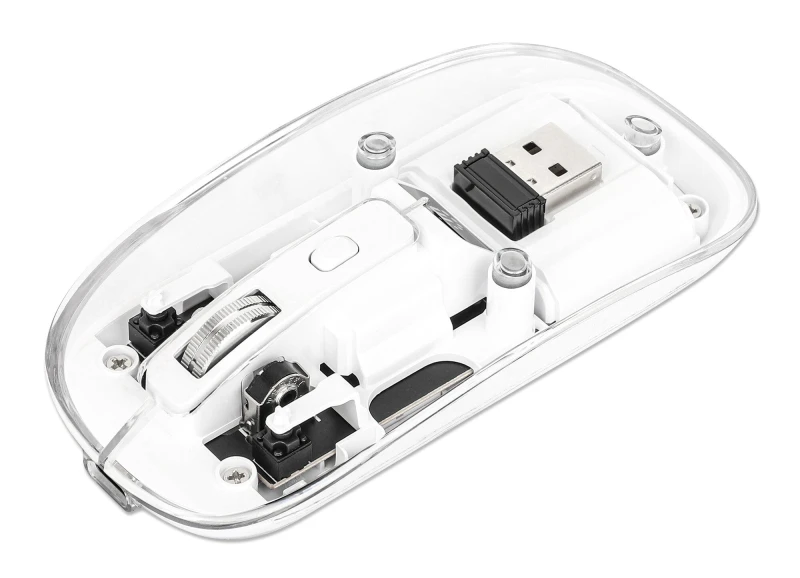 Image of Manhattan Manhattan Transparent Rechargeable Wireless Mouse, Clear/White, Adjustable 800/1200/1600dpi, With RGB LED light, 2.4Ghz (effective range up