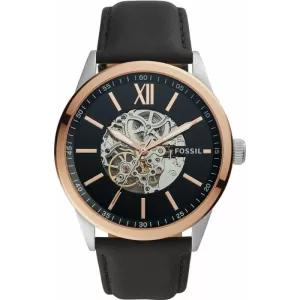 Image of Fossil Men 48mm Flynn Automatic Black Leather Watch