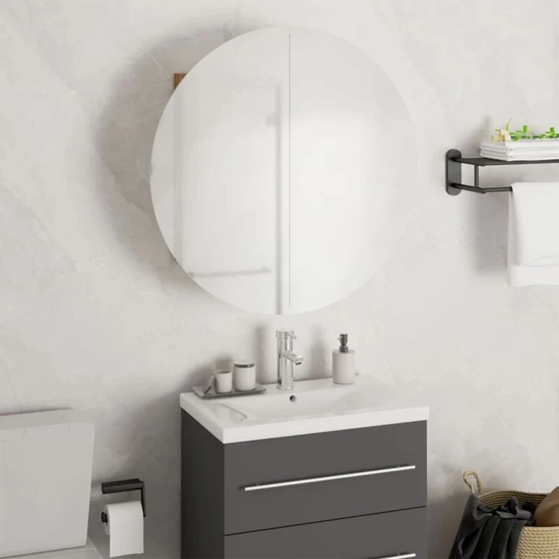 Image of vidaXL Bathroom Cabinet with Round Mirror&LED Oak 47x47x17.5 cm, Brown 345586
